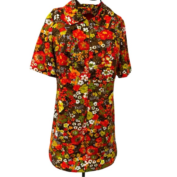 Groovy Floral Velveteen Bold Flower Power Print Lined Mini Dress Size Small - Picture 2 of 13